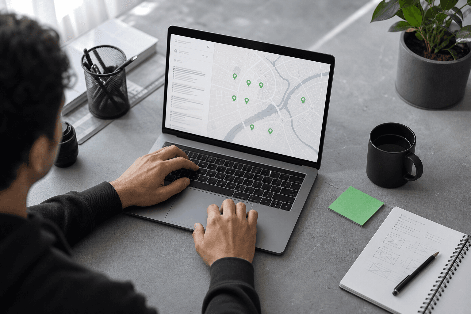 Profissional organizando uma busca de empresas em um notebook